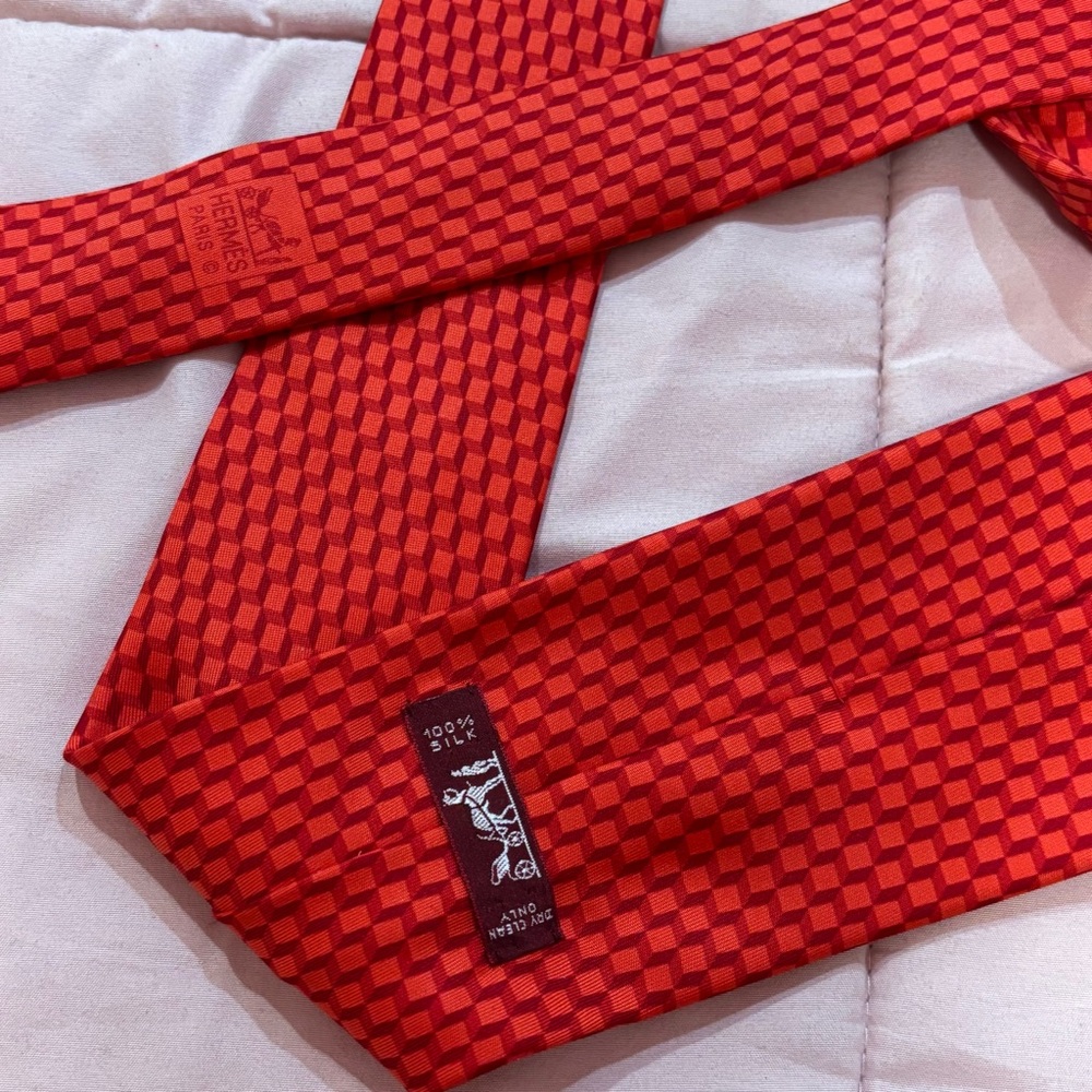 Hermes Red Geometric Patterned Tie - image 2